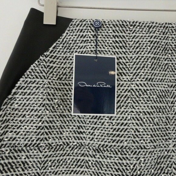 NWT OSCAR DE LA RENTA Black Leather & Boucle Twill Tweed Pencil Skirt 4 - Picture 2 of 5